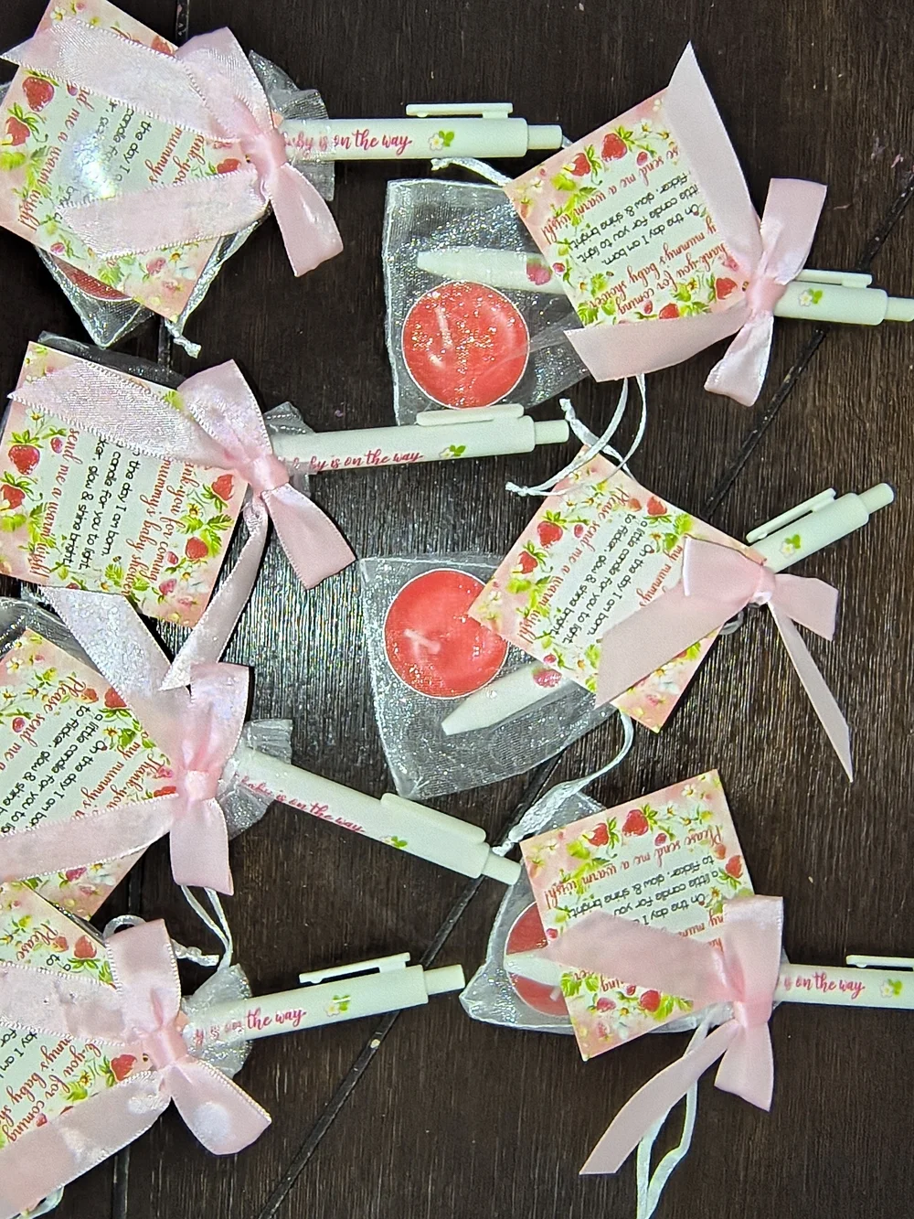 Baby Shower strawberry Favor Set — Pink Tea Light & Pen. 7pk